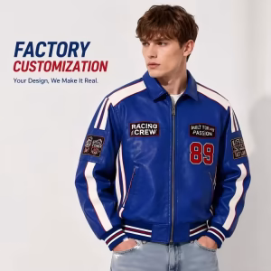 Custom Faux Leather Racing Bomber Jacket Mens Vintage Streetwear Jacket Private Label OEM ODM Embroidery Clothing Manufacturer