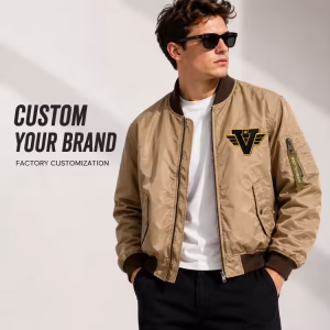Custom Logo Khaki Bomber Jacket Men Private Label Heavyweight Satin Flight Jacket OEM Manufacturer Varsity Pilot Jacket Factory