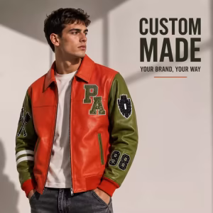 Wholesale Custom Leather Letterman Jacket Men Orange Green Varsity Jacket Chenille Patch Embroidery Bomber Jacket OEM Factory