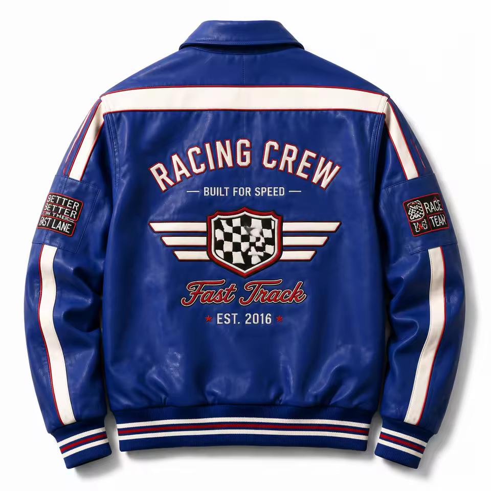 Custom Faux Leather Racing Bomber Jacket Mens Vintage Streetwear Jacket Private Label OEM ODM Embroidery Clothing Manufacturer