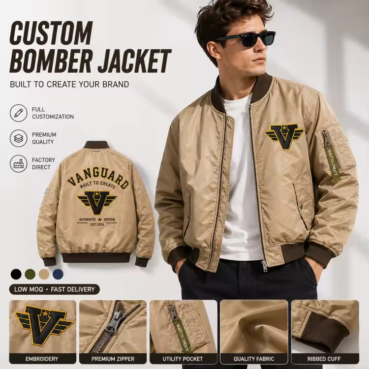 Custom Logo Khaki Bomber Jacket Men Private Label Heavyweight Satin Flight Jacket OEM Manufacturer Varsity Pilot Jacket Factory