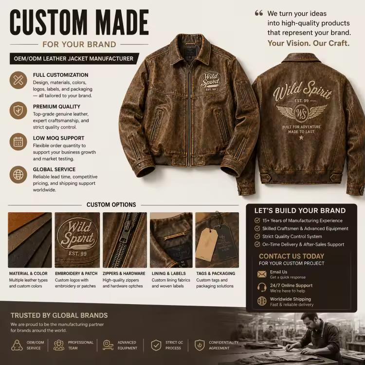 Custom Logo Distressed Brown Leather Bomber Jacket Men Aviator Flight Jacket Private Label Heavy Duty Utility Jacket OEM Factory