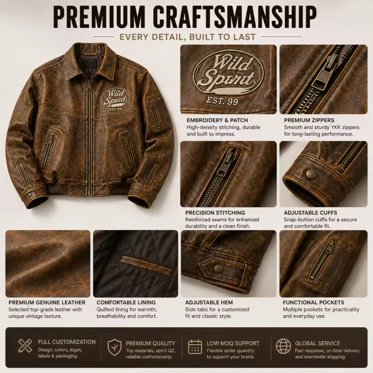 Custom Logo Distressed Brown Leather Bomber Jacket Men Aviator Flight Jacket Private Label Heavy Duty Utility Jacket OEM Factory