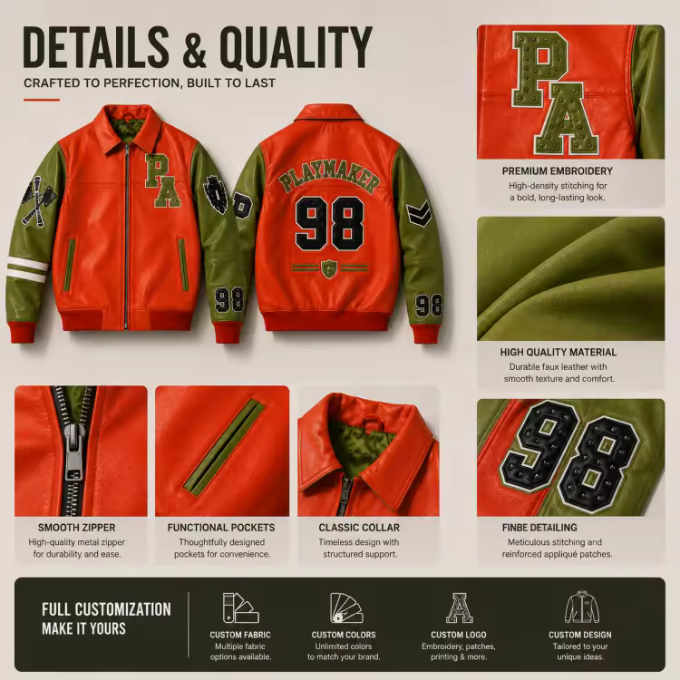 Wholesale Custom Leather Letterman Jacket Men Orange Green Varsity Jacket Chenille Patch Embroidery Bomber Jacket OEM Factory