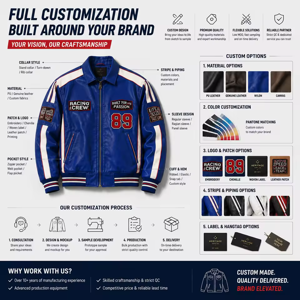Custom Faux Leather Racing Bomber Jacket Mens Vintage Streetwear Jacket Private Label OEM ODM Embroidery Clothing Manufacturer