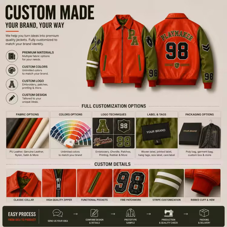 Wholesale Custom Leather Letterman Jacket Men Orange Green Varsity Jacket Chenille Patch Embroidery Bomber Jacket OEM Factory