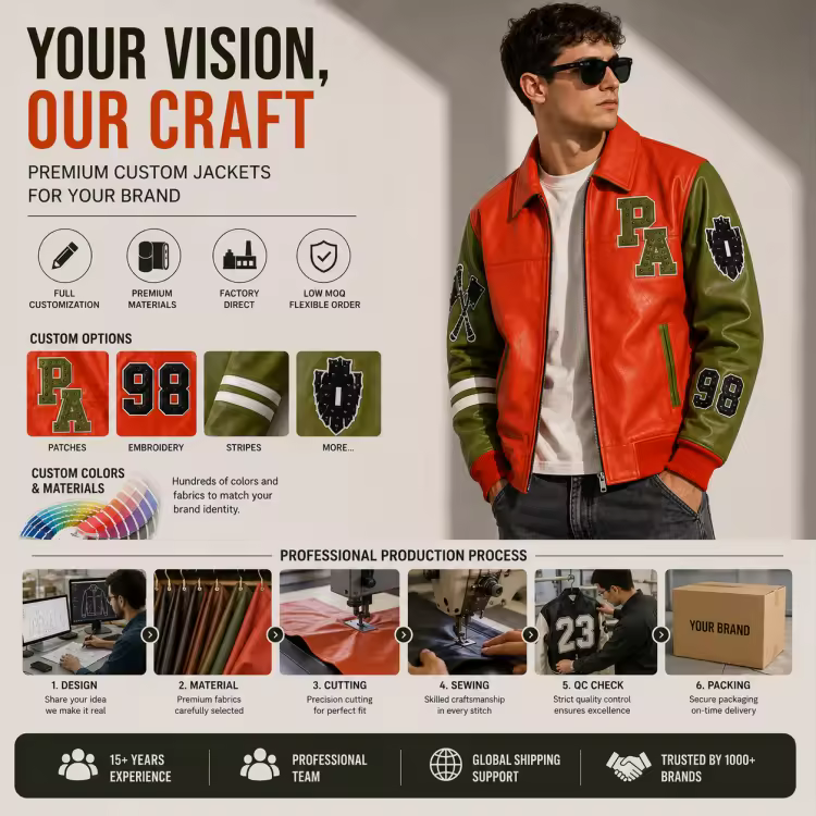 Wholesale Custom Leather Letterman Jacket Men Orange Green Varsity Jacket Chenille Patch Embroidery Bomber Jacket OEM Factory