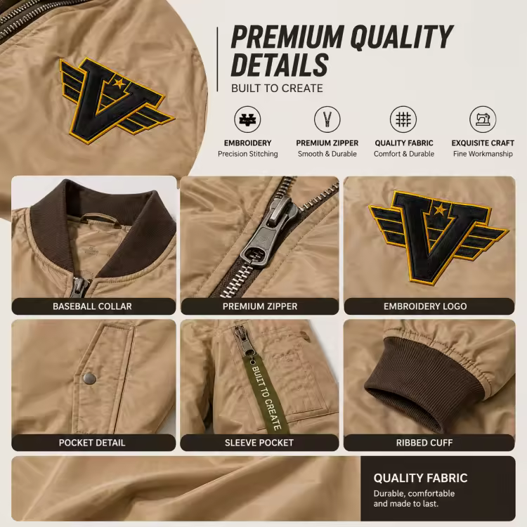 Custom Logo Khaki Bomber Jacket Men Private Label Heavyweight Satin Flight Jacket OEM Manufacturer Varsity Pilot Jacket Factory