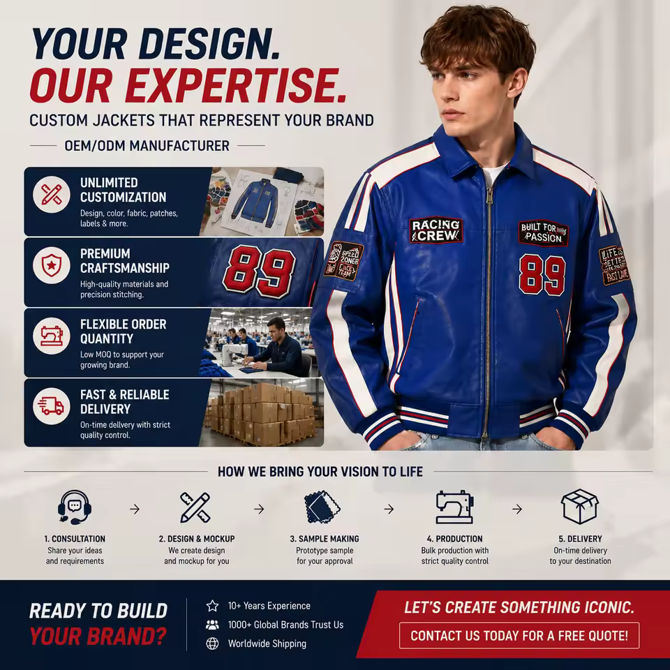 Custom Faux Leather Racing Bomber Jacket Mens Vintage Streetwear Jacket Private Label OEM ODM Embroidery Clothing Manufacturer