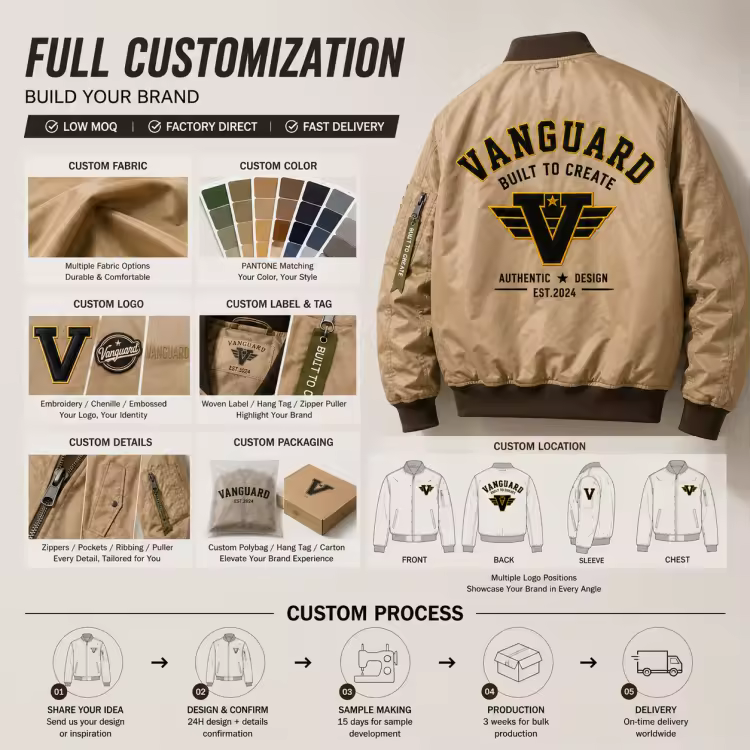 Custom Logo Khaki Bomber Jacket Men Private Label Heavyweight Satin Flight Jacket OEM Manufacturer Varsity Pilot Jacket Factory