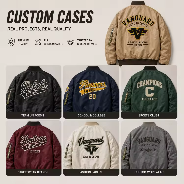 Custom Logo Khaki Bomber Jacket Men Private Label Heavyweight Satin Flight Jacket OEM Manufacturer Varsity Pilot Jacket Factory